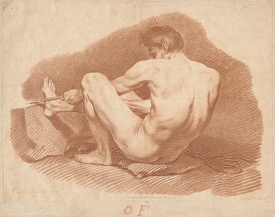 Hombre Desnudo Sentado, Visto desde Atrás, Tirando de una Cuerda de Gilles Demarteau, the Elder after Carle Van Loo