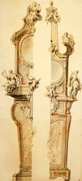 Diseño de una caja para reloj y barómetro con termómetro, dos versiones, principios de 1730 (pluma, pincel, tinta india y acuarela sobre papel) de Gilles Marie Oppenord