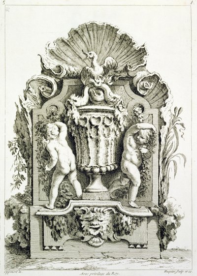 Placa de diseños, grabado por Huquier de Gilles Marie Oppenord