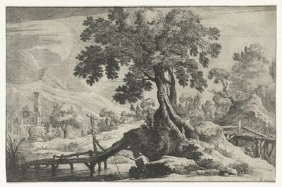 Paisaje fluvial con un pescador en un puente. de Gilles Neyts