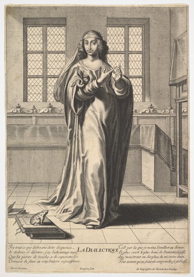 Dialéctica: una joven de pie en un interior decorado tocando su índice derecho, 1633-35 de Gilles Rousselet
