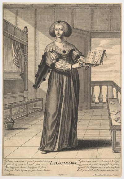 Gramática: una joven de pie en un interior decorado sosteniendo un libro abierto en su mano izquierda, 1633-35 de Gilles Rousselet