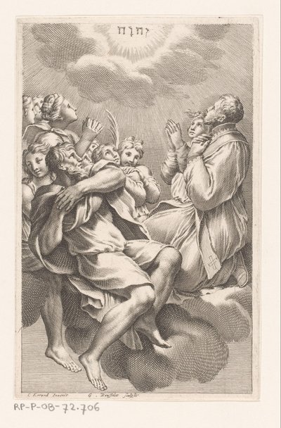 Grupo de hombres y mujeres en las nubes en adoración al Tetragrámaton de Gilles Rousselet