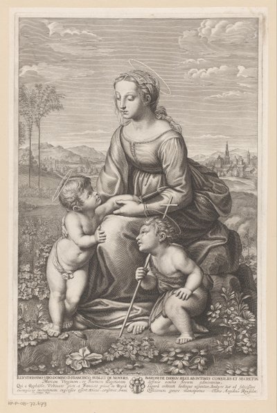María con el niño y Juan el Bautista en un paisaje de pradera de Gilles Rousselet