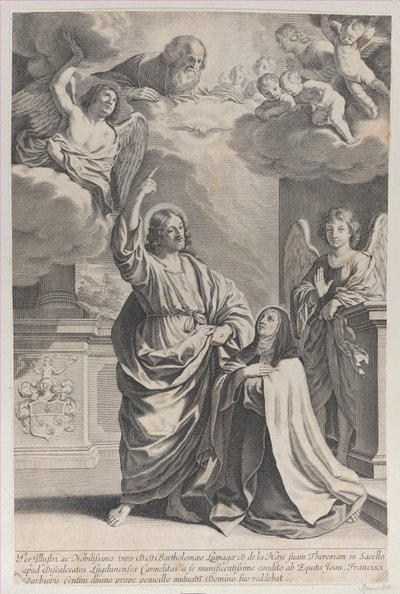 Santa Teresa rezando junto a Cristo, quien señala hacia Dios Padre, 1635-1700 de Gilles Rousselet