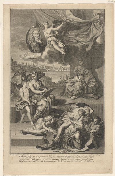 Alegoría de la historia de Gran Bretaña con el retrato de Isaac de Larrey Página de título para: Isaac de Larrey, Histoire d