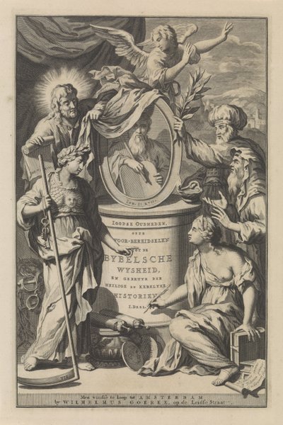Figuras bíblicas revelan el retrato de Moisés Portada de Wilhelmus Goeree, Preparaciones para la sabiduría bíblica y el uso de historias sagradas y eclesiásticas, 1690 de Gilliam van der Gouwen