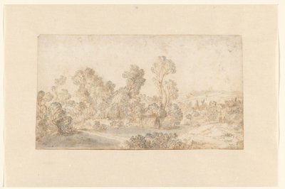Paisaje de colinas con árboles altos a lo largo de un río de Gillis Claesz de Hondecoeter