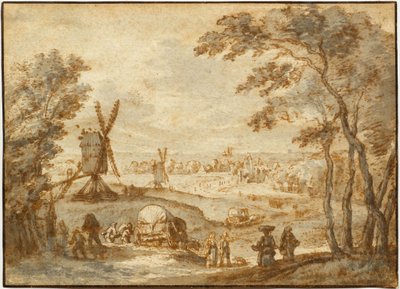 Paisaje con molinos de viento ante un pueblo, con caminantes y carro cubierto en primer plano de Gillis Neyts