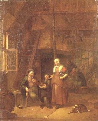 El interior de una posada con un hombre pagando a una sirvienta de Gillis de Winter