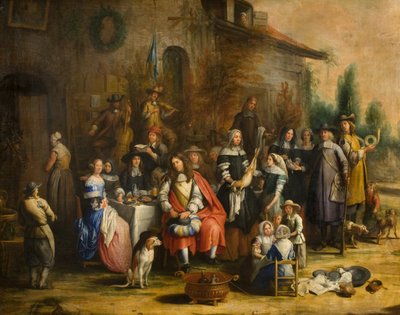 Fiesta de caza fuera de una posada de Gillis van (follower of) Tilborgh