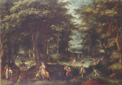 Paisaje con Leto y campesinos de Lykia de Gillis van Coninxloo