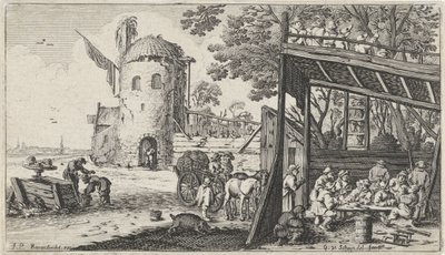 Agricultores alrededor de una mesa en un granero (el Sabor)
Paisajes con los cinco sentidos (título de la serie) de Gillis van Scheyndel (I)