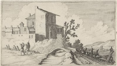 Puente frente a edificios amurallados Doce paisajes (título de la serie) de Gillis van Scheyndel (I)