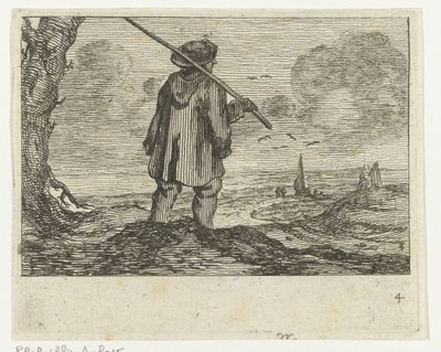 Paisaje de dunas con un hombre, con un bastón al hombro. Playas de Verscheyden y vistas al agua realizadas por Jan Percelles (título de la serie) de Gillis van Scheyndel (I)