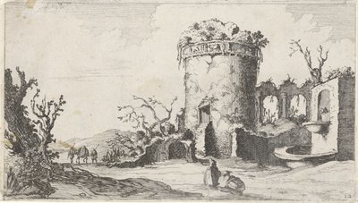 Fuente en ruinas con una torre redonda Doce paisajes (título de la serie) de Gillis van Scheyndel (I)