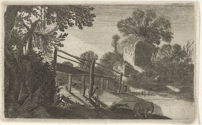 Puente de madera en una ruina Seis paisajes (título de la serie) de Gillis van Scheyndel (I)