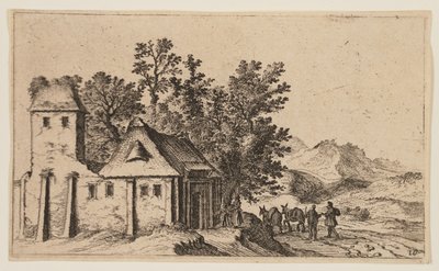 Granja antes que árboles en terreno montañoso, de Twelve Landscapes de Gillis van Scheyndel
