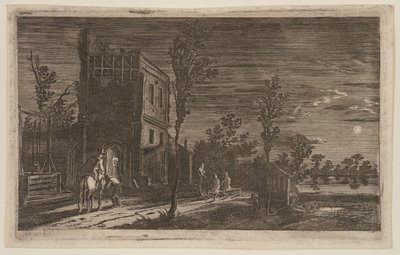 Figuras junto a una torre derruida: Nocturno a la luz de la luna, de Seis paisajes de Gillis van Scheyndel