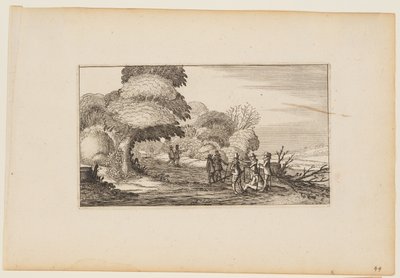Hombres con mosquetes en un camino que atraviesa un bosque, de Doce paisajes con figuras de Gillis van Scheyndel