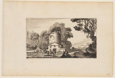 Camino ante una granja dominada por una torre redonda, de Doce paisajes con figuras de Gillis van Scheyndel