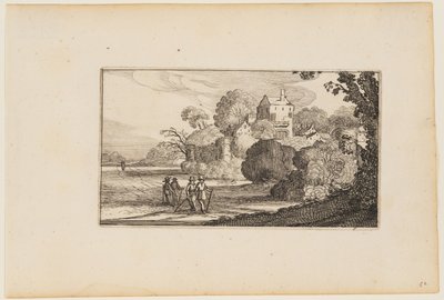 Camino a la izquierda del complejo de edificios amurallados entre árboles, de Doce paisajes con figuras de Gillis van Scheyndel