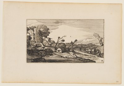 Camino a la derecha del agua; ruinas romanas más allá a la izquierda, de Doce paisajes con figuras de Gillis van Scheyndel
