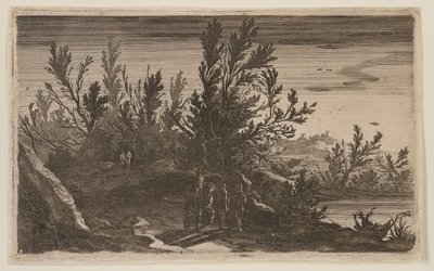 Jinetes en un camino arbolado a la izquierda del estanque, de Six Landscapes de Gillis van Scheyndel