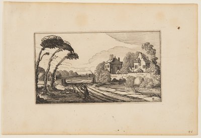 Camino a la izquierda de una casa de campo amurallada, de Doce paisajes con figuras de Gillis van Scheyndel