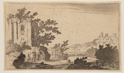 Ruinas a la izquierda de un río en un terreno montañoso, de Doce paisajes de Gillis van Scheyndel