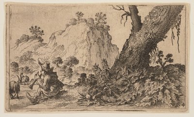Pastor tocando una flauta dulce a un rebaño de cabras, de Doce paisajes de Gillis van Scheyndel
