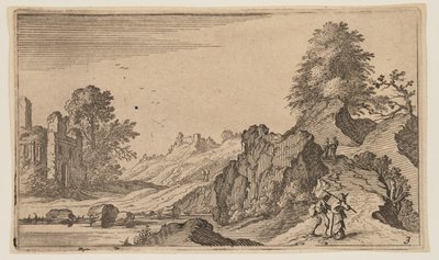 Tres peatones en un puente de madera sobre un arroyo, de Doce paisajes de Gillis van Scheyndel