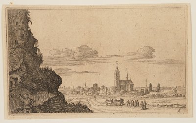 Dos hombres escalando rocas hasta unas ruinas, de Doce paisajes de Gillis van Scheyndel