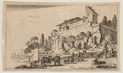 Villa con ruinas en una elevación a la derecha del río, de Doce paisajes de Gillis van Scheyndel