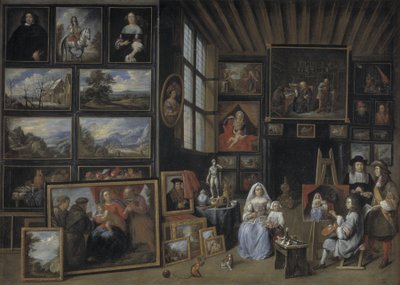 Galería de arte con un artista pintando a una mujer y una niña. Alegoría del arte de la pintura de Gillis van Tilborgh