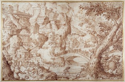 Paisaje montañoso fantástico con puentes que cruzan barrancos, una ciudad y viajeros de Gillis van Valckenborch