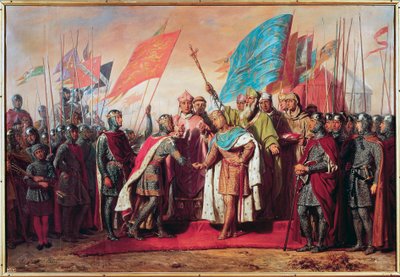 Tercera Cruzada (1189-1192): Encuentro y apretón de manos entre Felipe Augusto (Felipe II de Francia de Gillot Saint Evre