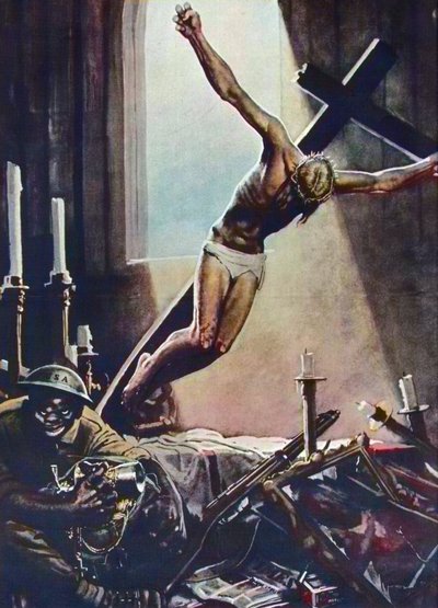 Cartel Anti Americano Segunda Guerra Mundial - Black American Pillaging Church - Cartel de Gino Boccasile (1901-1952) - Propaganda Italiana Anti USA 1943 - Cartel de Gino Boccasile (1901-1952) de Gino Boccasile