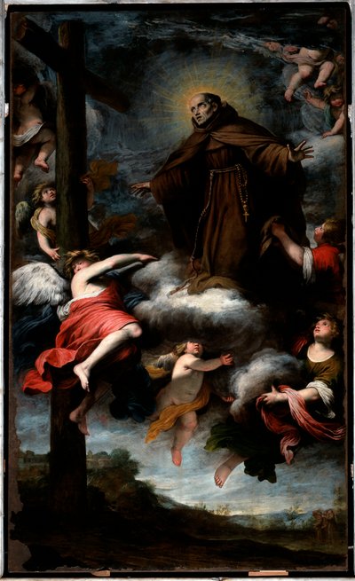 Representación de San Luis de Anjou adorando la cruz (óleo sobre lienzo de Gio Bernardo Carbone