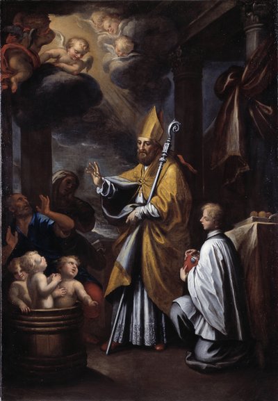 San Nicolás resucitando a tres niños (óleo sobre lienzo de Gio Raffaele Badaracco