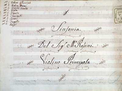 Detalle de la primera página de la partitura musical para violín de una sinfonía de Gioacchino Rossini de Gioachino Rossini
