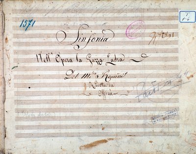 Primera página de la partitura musical de la sinfonía en La gazza ladra (La urraca ladrona) de Gioacchino Rossini de Gioachino Rossini