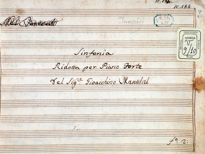 Partitura para la sinfonía reducida para piano de Tancredi, ópera de Gioacchino Rossini de Gioachino Rossini
