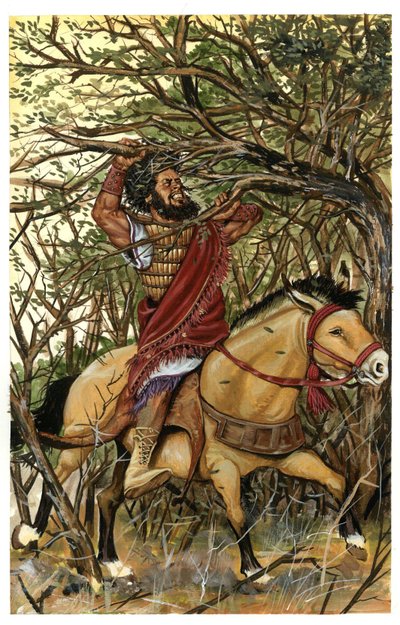 Representación de Absalón (o Avshalom, Absalón), hijo de David, en el bosque de Efraín; su cabellera está cogida en las ramas de un roble. de Giorgio Albertini