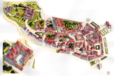 Vista aérea de la ciudad de Guimaraes: a la izquierda el castillo y el monasterio construidos en el siglo XI. Portugal. Ilustración de Giorgio Albertini. (La utilización de las obras de este autor no está sujeta a la solicitud de autorización de un tercero de Giorgio Albertini