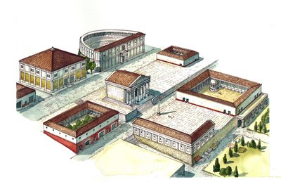 Antigua Roma: reconstitución del centro de la ciudad de Nápoles con el anfiteatro, el templo. Italia de Giorgio Albertini