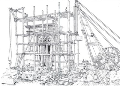 Antigua Roma: reconstrucción de una obra de construcción de un arco en el siglo I d.C. Los obreros izan los bloques de mármol con andamios y poleas. Ilustración de Giorgio Albertini. (La utilización de las obras de este autor no está sujeta a una solicitud de Giorgio Albertini