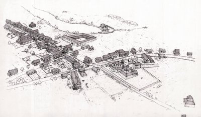 Antigua Roma: reconstrucción de una aldea de la Bretaña romana (Britannia o Bretaña insular) en el siglo II. Ilustración de Giorgio Albertini. (La utilización de las obras de este autor no está sujeta a la solicitud de autorización de un tercero ni a la de Giorgio Albertini