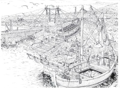 Antiquite: el transporte por barco de mármol probablemente de las canteras de Carrara (Carrara). Siglo II después de JC Italia Ilustración de Giorgio Albertini. (La utilización de las obras de este autor no está sujeta a la solicitud de autorización de un  de Giorgio Albertini
