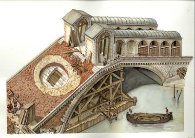 Arquitectura: obras de construcción del Puente de Rialto en 1588-1591 en Venecia, Italia. Ilustración de Giorgio Albertini (La utilización de las obras de este autor no está sujeta a la autorización de terceros ni al pago de derechos adicionales. de Giorgio Albertini